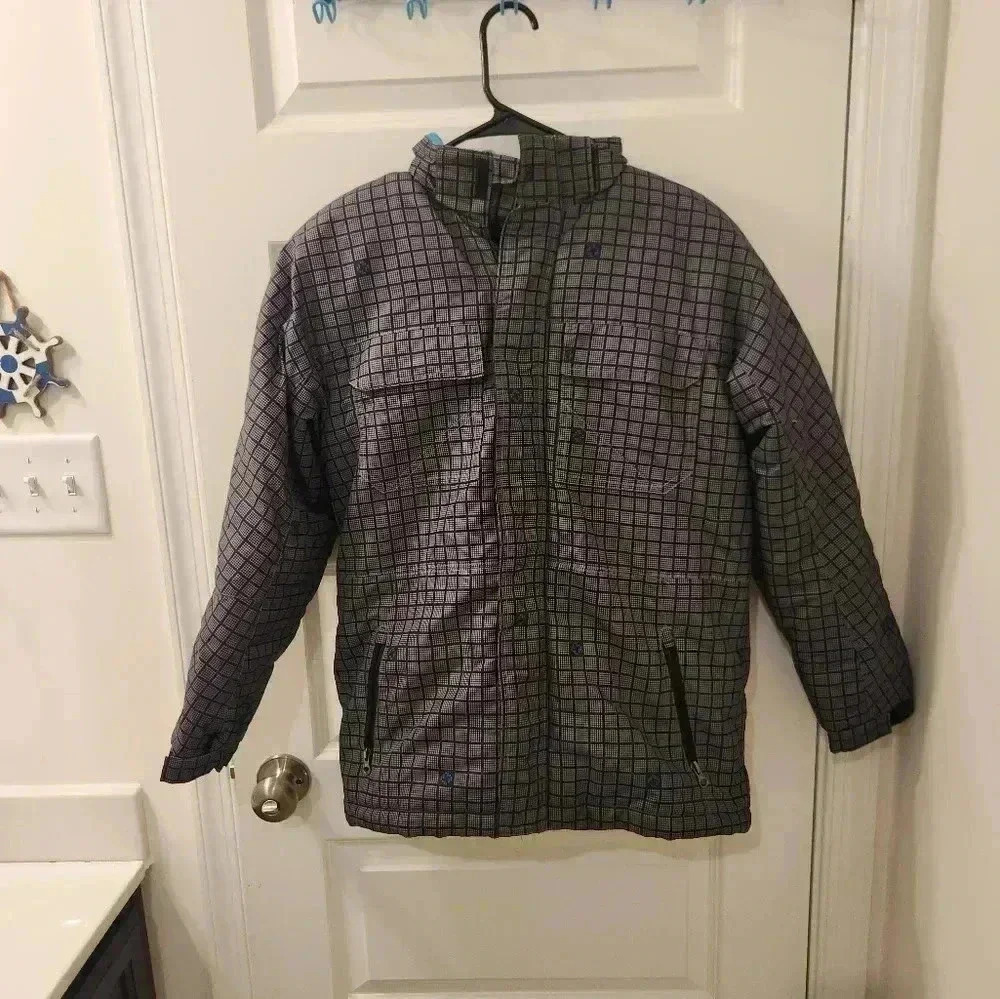 Unisex L 12/14 Cherokee Puffer Outerwear Jacket Hooded Blue Grey Plaid‎ #I252